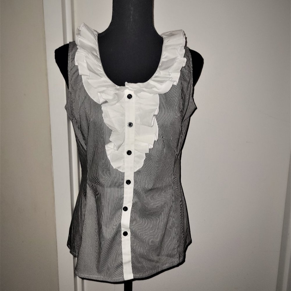 NWT! Black/White Pinstripe & Ruffle Blouse - M